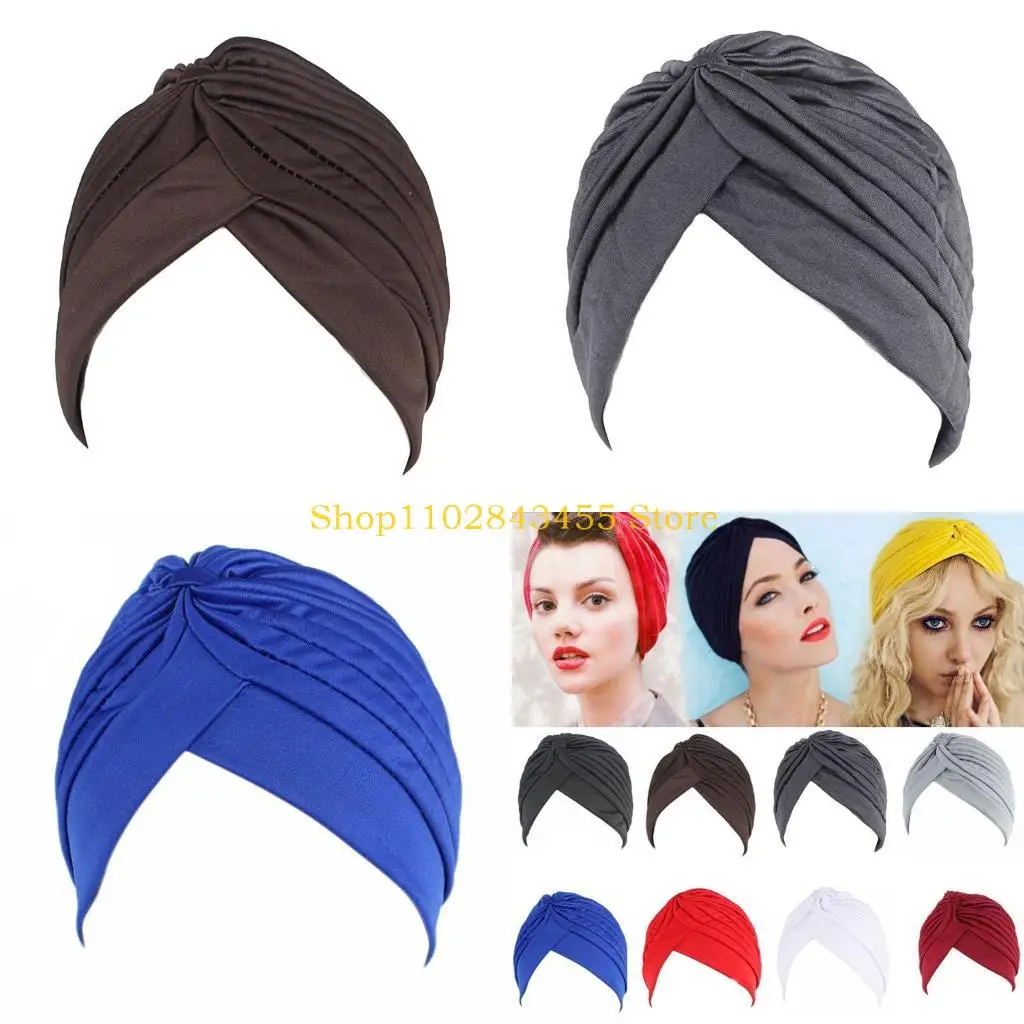 

49MC Chemo Hat Cap Twist Pleated Turban Women Stretch Knotted Muslim Headscarf
