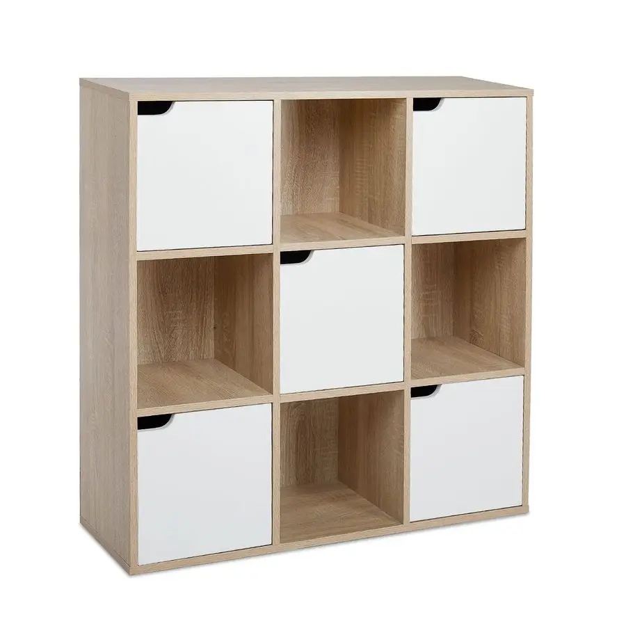 9 Cube Storage Unit, 3Tier Bookcase with 5 Doors, Wooden Bookshelf Display Organiser Cabinet for Living Room, Bedroom, Home Off