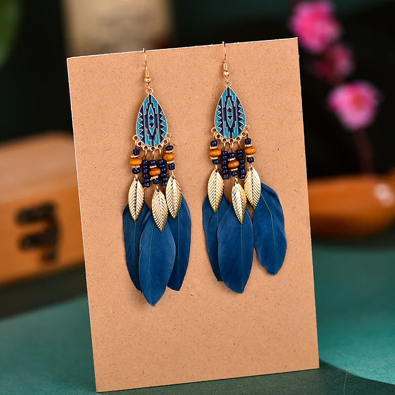 1Pair Bohemian  Tassel Dangling Earrings Colorful Feather Leather Stud Earrings Indian Feathers Summer Womens Fashion Jewelry