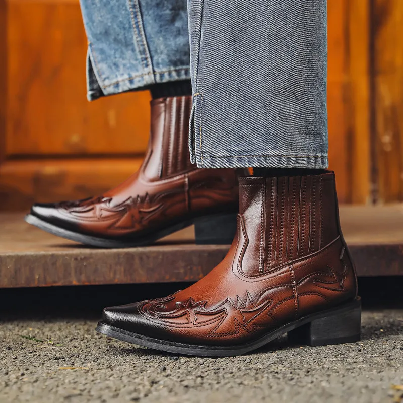 2026 Western Cowboy Boots For Men Women Size 35-48 Embroidery Design Pointed Chelsea Shoes Mens Ankle Boots Unisex Leather Boots