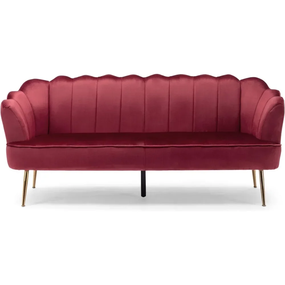 Channel Stitch 3 Seater Shell Sofa - Velvet - Berry Red/Gold