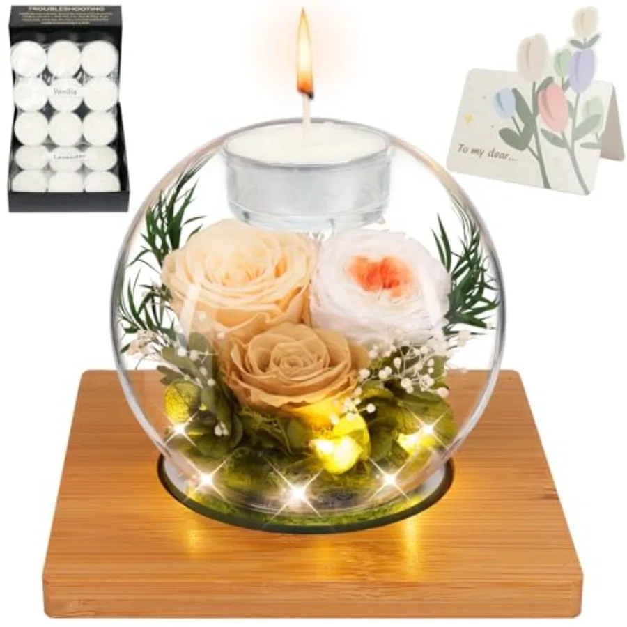 

Preserved Champagne Real Rose in Glass with Scented Candles Forever Flower Romantic Anniversary Christmas Birthday Valentines M