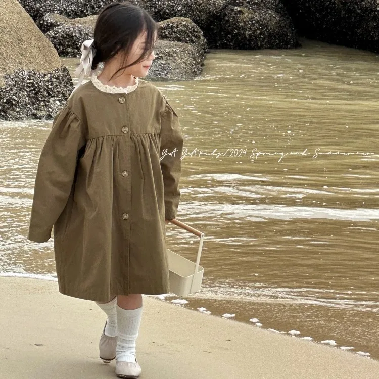 Girls Trench Coat Girls 2024 Spring New High-grade Style Wear Children Mid-length Lace Coat Korean Simple Style Fashion Coat