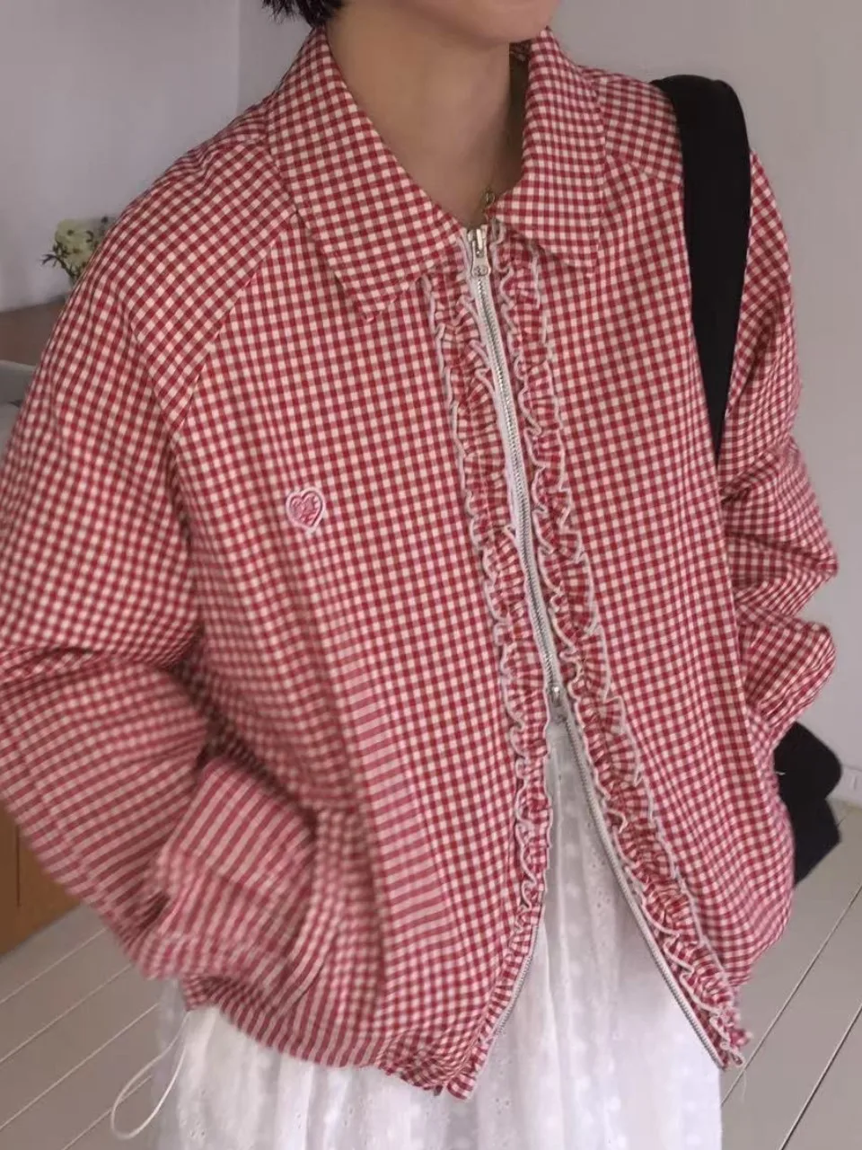 

Adorable Vintage Pleated Wood Ear Spring New Arrival ort Coat Long Sve Turn-down Collar Thin Plaid Anti-aging Outerwear