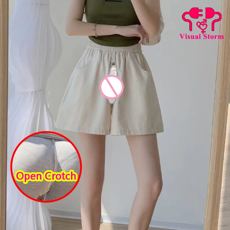 Woman Open Crotch Pants Shorts with Hidden Zippers Sexy Panties Quick Take Off Costume Couple Outdoor Sex Trousers Crotchless