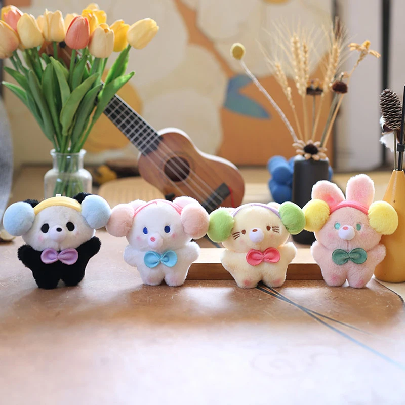 Cute Little Animal With Headphones Panda Cat Bunny Bear Plush Toys Doll Keychain Pendant Bag Ornaments Car Home Decoration Gifts