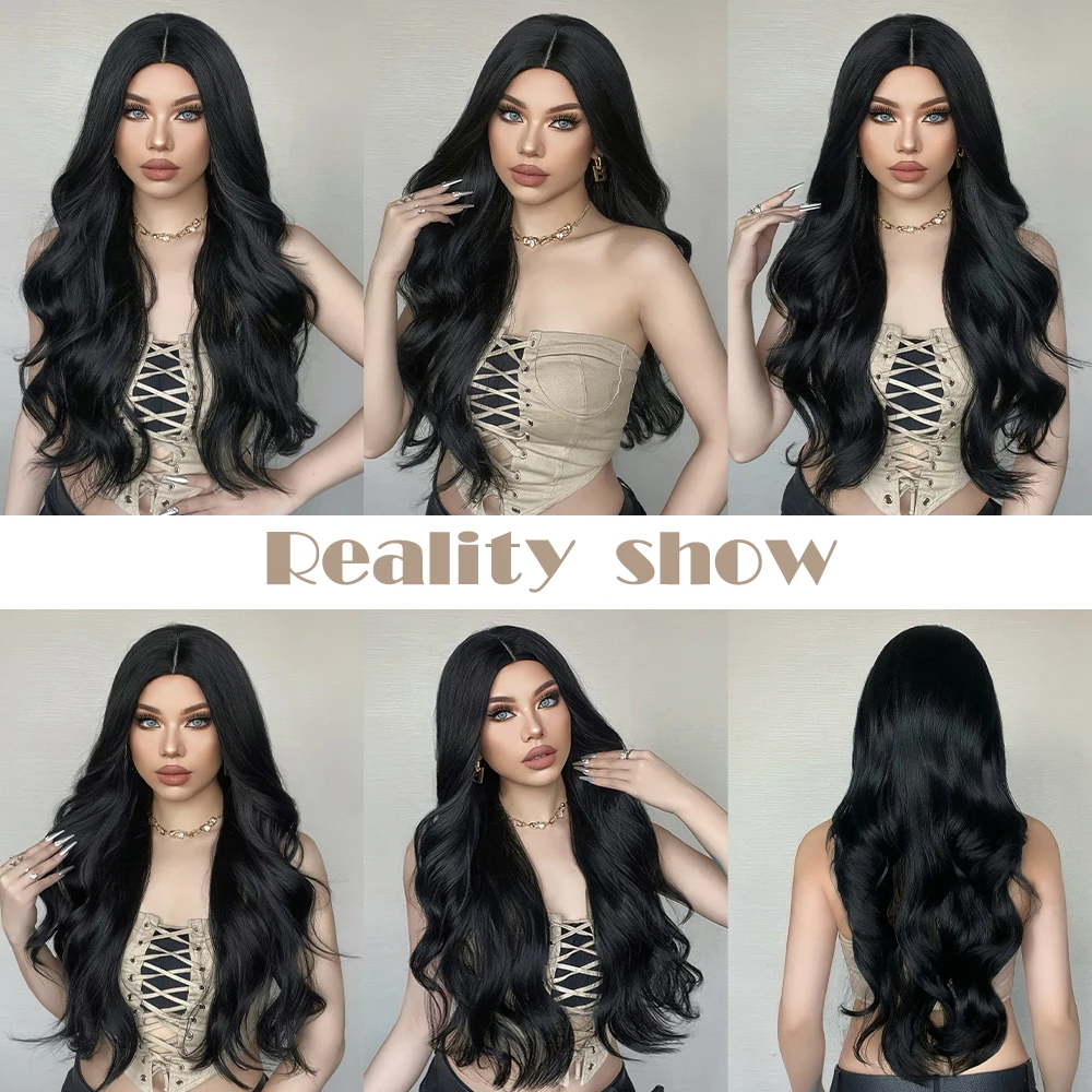 GEMMA Czarna Długa Falista Syntetyczna Peruka Naturalna Czarna Body Wave Peruki dla Kobiet Afro Cosplay Codzienne Włosy Środkowa Część Odporna Na