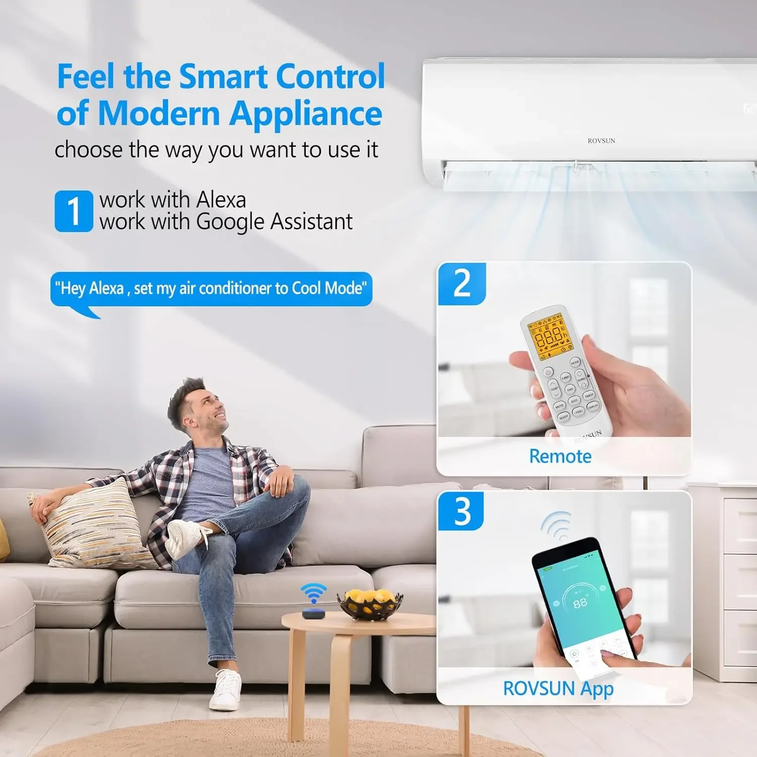 Мини-сплит-кондиционер и обогреватель с поддержкой Wi-Fi 9000 БТЕ, энергосберегающий инвертор 19 SEER 115 В, бесканальный настенный блок переменного тока с предустановкой