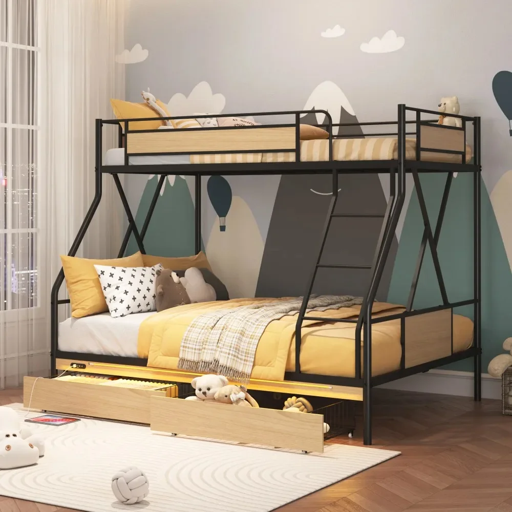 

Heavy Duty Metal Bunk Beds with LED Lights for Kids, Space Saving BunkBeds with 2 Drawers, Twin Over Full Bunk Bed with Storage