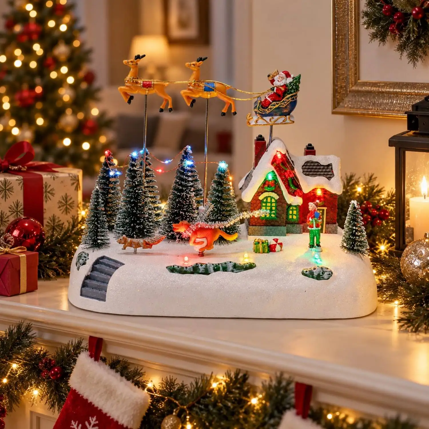 Animierter Weihnachtsmann-Schlitten mit Musiklichtern, Weihnachtsdorf-Dekoration, Snots on the Run, Figuren-Gebäude-Zubehör für den Innenbereich – Detail 4
