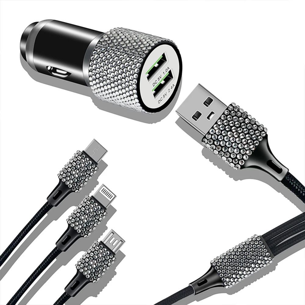 3 in 1 Car Charger 5V 2.4A Diamond Fast Charging Cable for iPhone Android Type-C Phone Car Bling Accessories For Woman