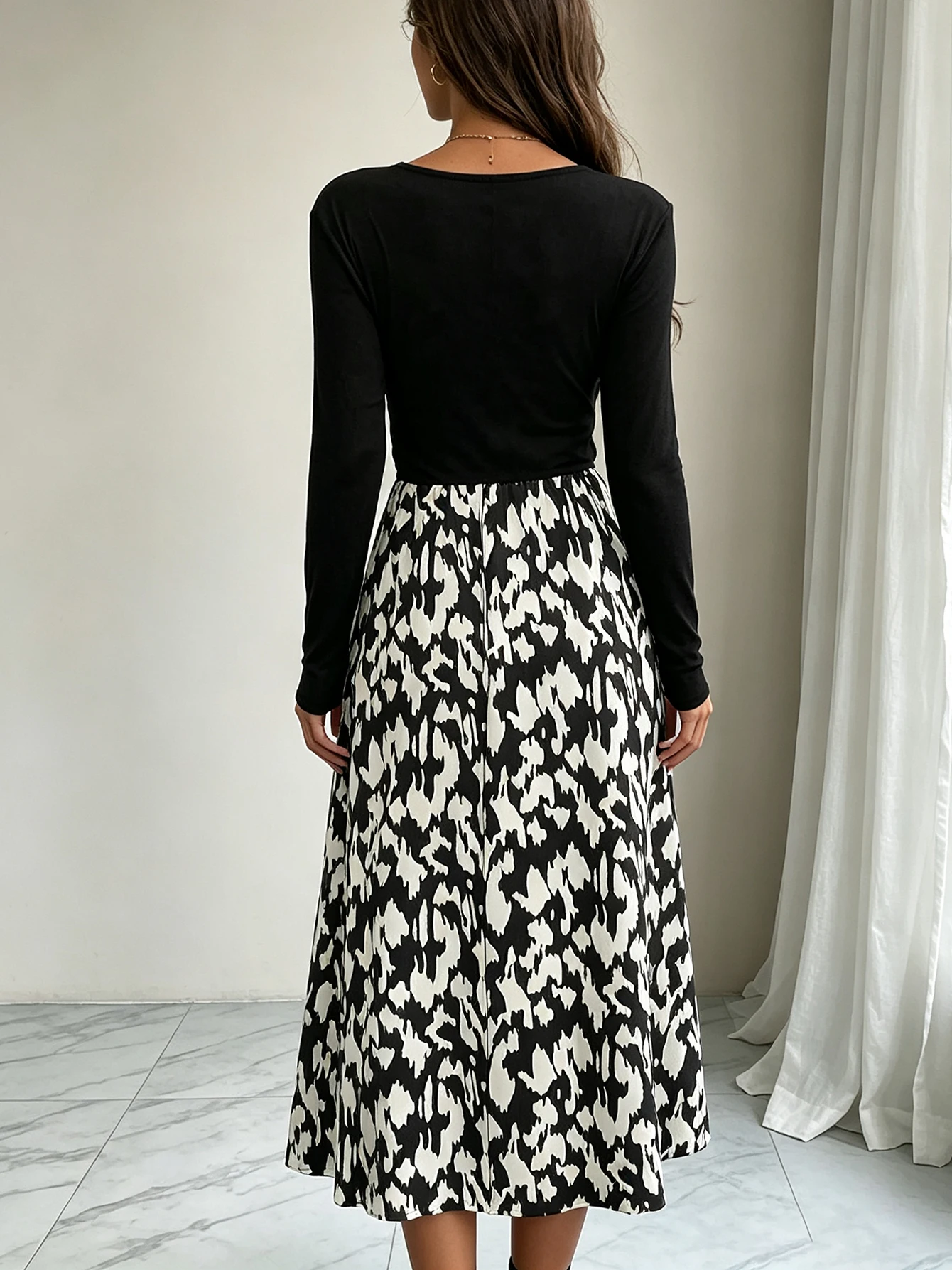 Damen-Midikleid mit V-Ausschnitt und langen Ärmeln, Farbblock-Print, Patchwork-A-Linien-Kleid, elegante Freizeitkleidung für Damen – Detail 3