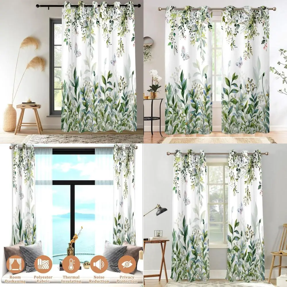 

Spring Sage Green Botanical Leaf Pattern Blackout Curtains, 2 Panels, 53x84 for Kitchen and Living Room