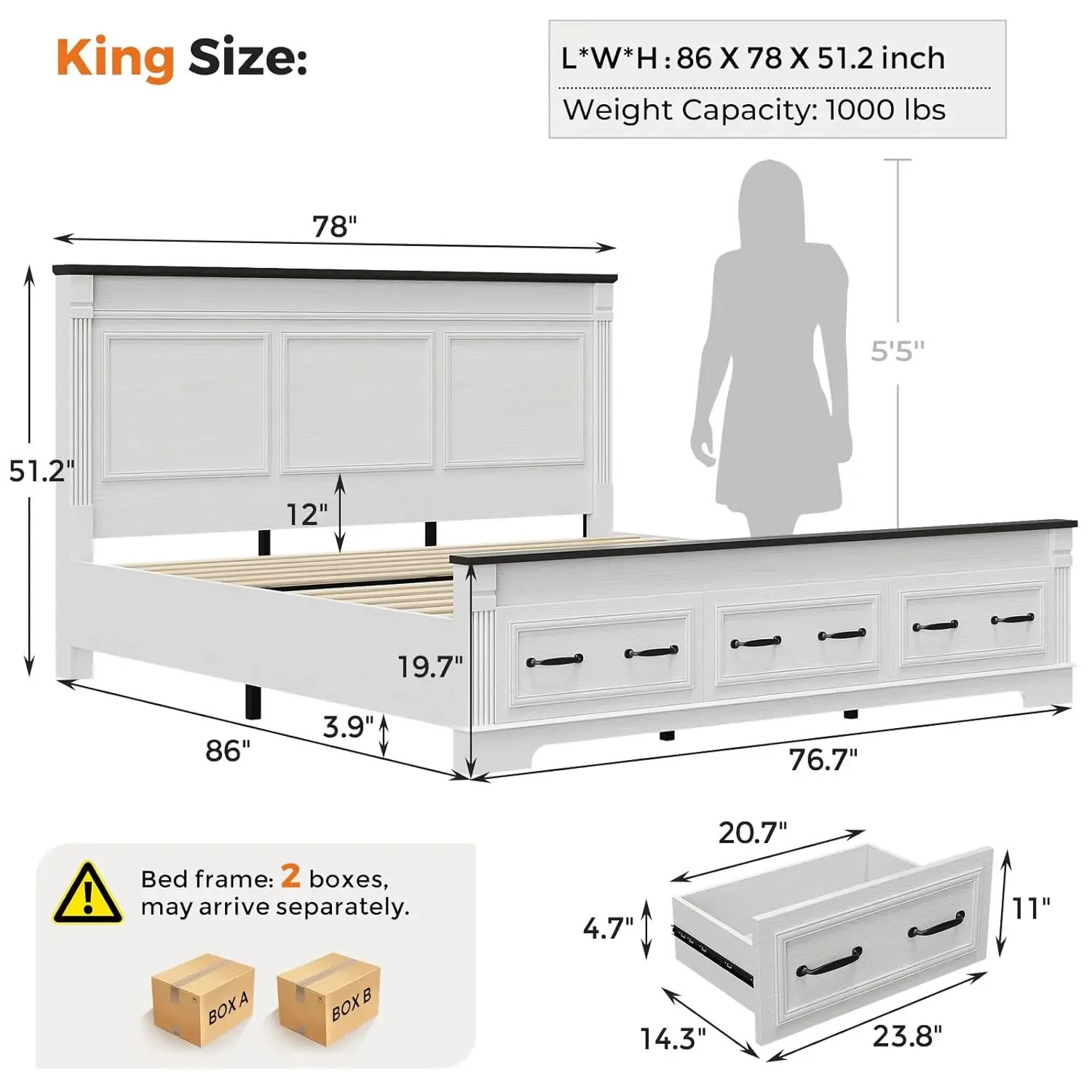 Farmhouse King Size Bed Frame with Headboard and Storage,Platform Bed 51