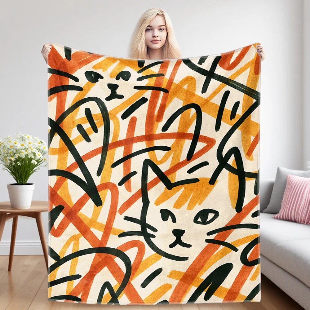 Abstract Cat Sketch Flannel Blanket, Ultra-Fine Fiber, All Season Luxurious Fluffy Blanket Suitable For Beds Or Sofas