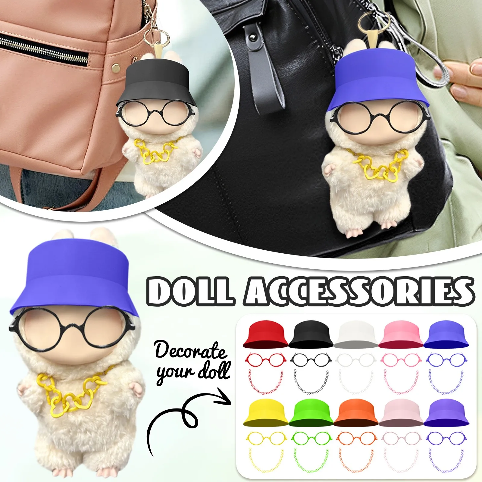 

For Labubu Accessories (1x Fisherman Hat+1x Glasses+1x Necklace) Diy Doll Gift Toys Doll Accessories (No Doll)