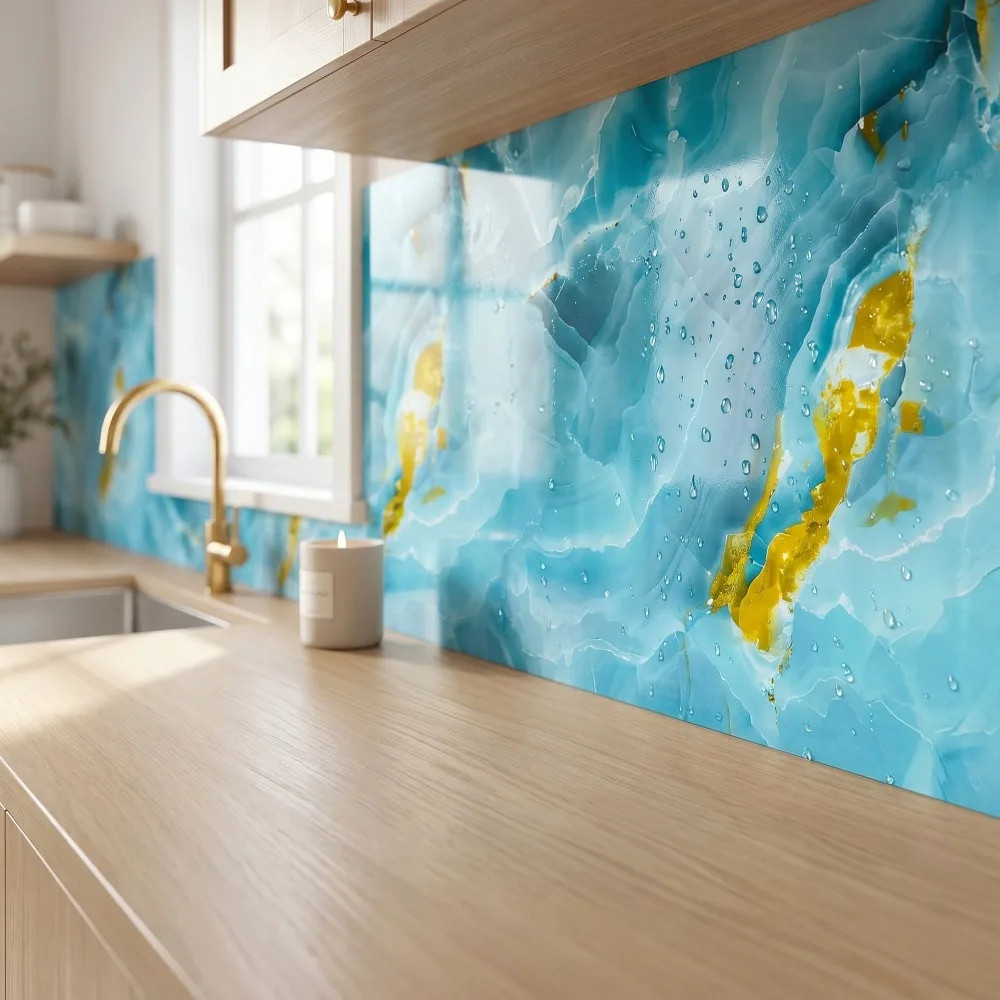 Glossy Blue Gold Marble Pattern Vinyl Wrap, Removable Self-Adhesive Wallpaper for Cabinets, Desks, Kitchen Backsplashes