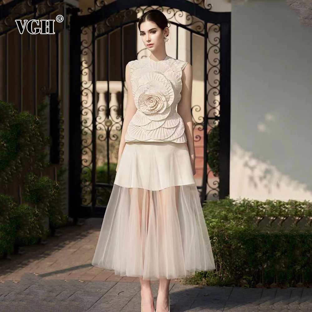 

VGH Solid Slimming Two Piece Sets For Women Round Neck Spliced Appliques Sleeveless Top High Waist Skirt Chic Set Female Style