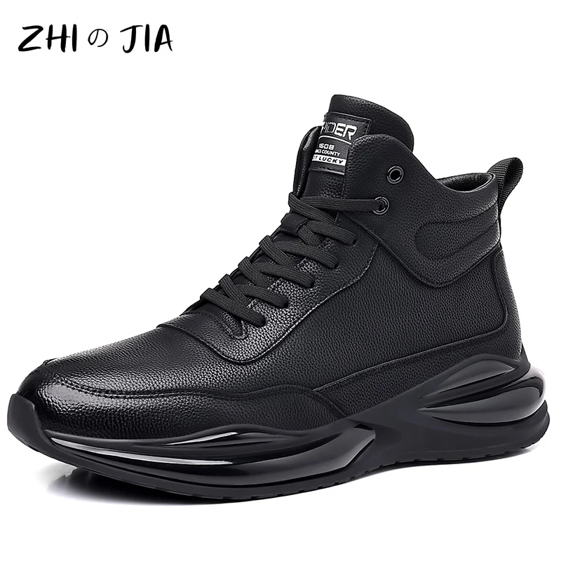 High Quality High Top Genuine Leather Shoes Autumn Winter Casual Sneaker Fashion Trend Air Cushion Shoes Men\'s Black Footwear