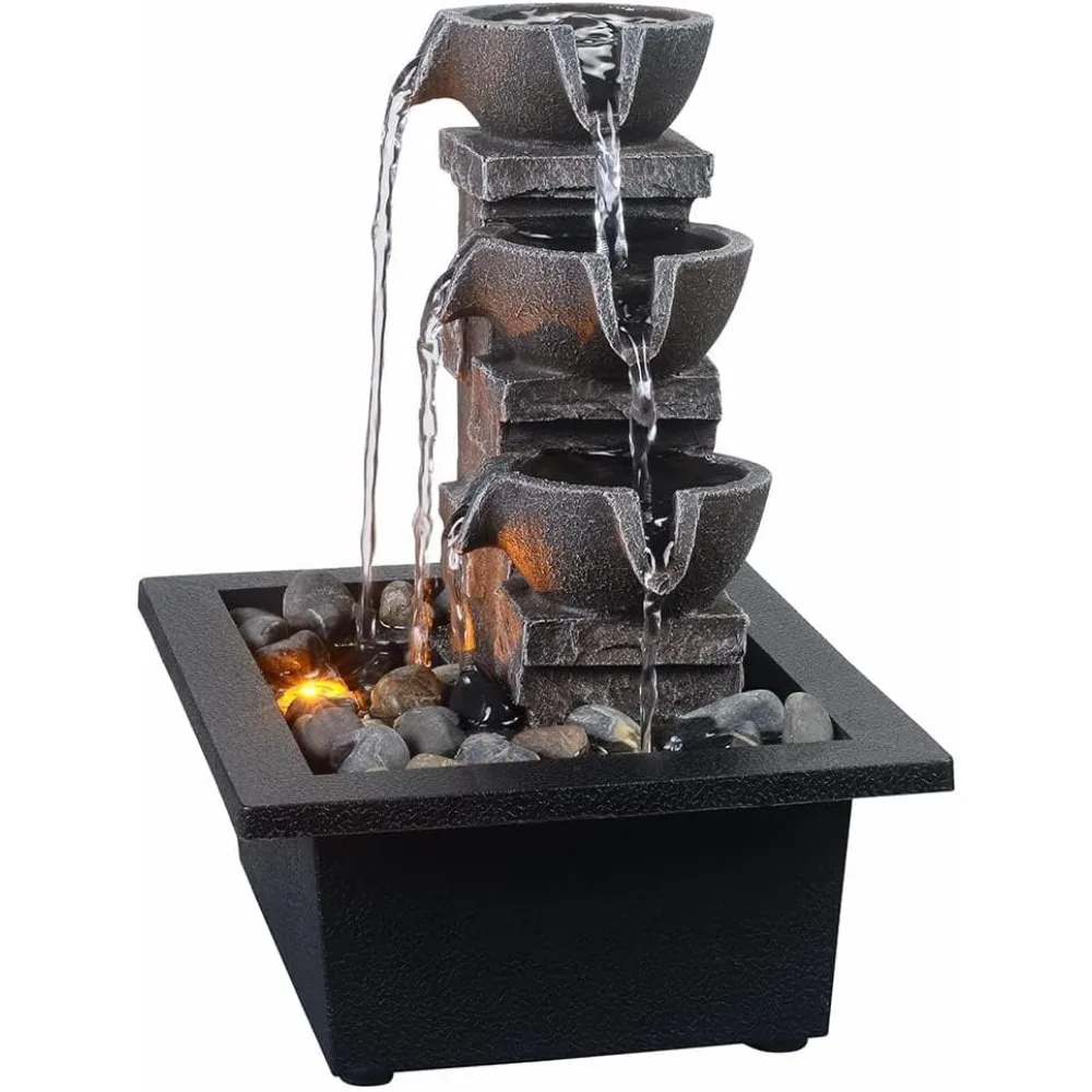 نافورة شلال زن من 3 طبقات مع أضواء LED - ديكور سطح المكتب من صخور النهر الطبيعي للتأمل والاسترخاء في المكتب #6