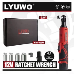 LYUWO 무선 직각 전기 렌치, 12V, 45NM, 3/8 인치 래칫 렌치, 분해 너트, 자동차 유지 보수 도구, 4 소켓