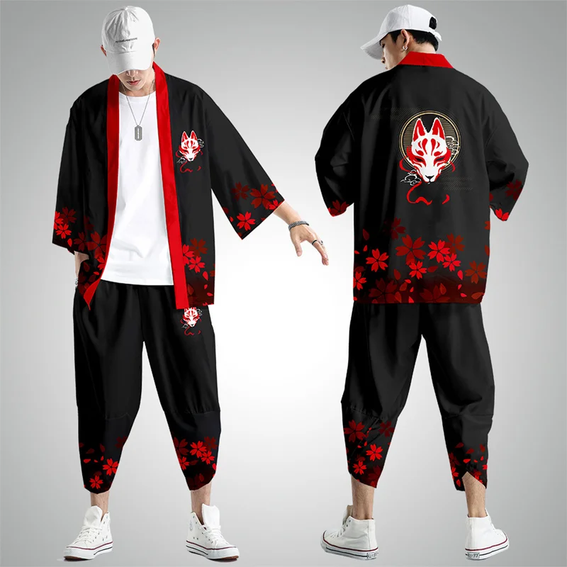 Two-piece Suit Kanagawa Wave Japanese Style Fashion Kimono And Pants Set Men Cardigan Blouse Haori Obi Asian Clothes