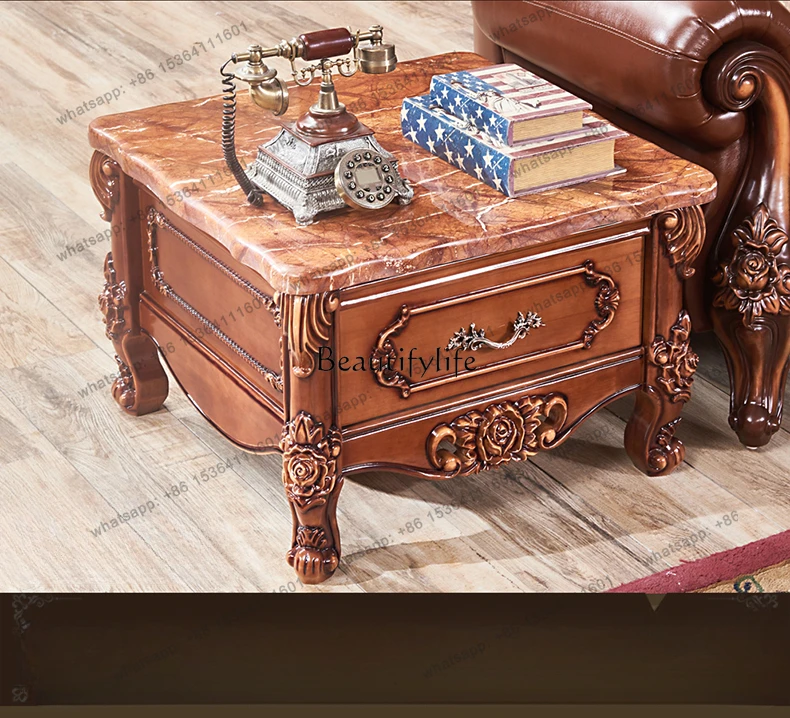 13European square ji American luxury living room solid wood marble retro paint engraved phone table