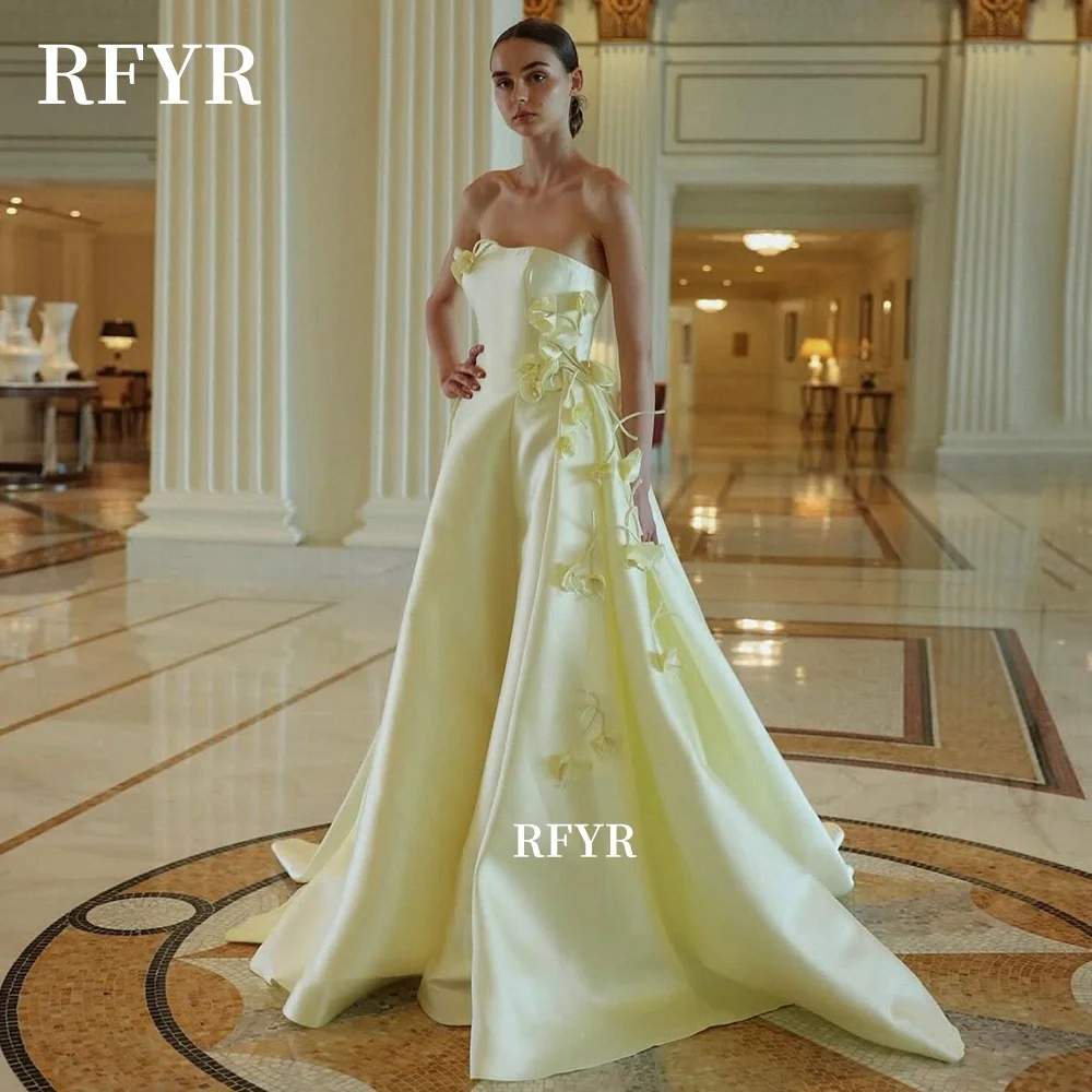 

RFYR Yellow Prom Dress A Line Party Dress Strapless Princess Dress with Flowers Embroidery Gala Dress for Women Customized