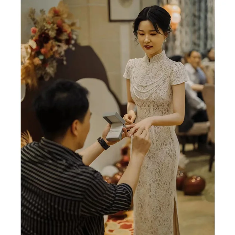 

Champagne Lace Fishtail Skirt Cheongsam Evening Dress Feminine Temperament Host Banquet Long Elegant Slim Cheongsam Dress