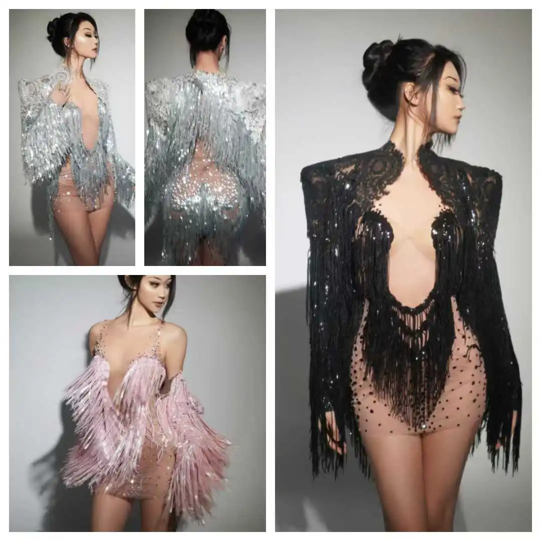 

2025 Spakle Long Sleeve Fringe Stretch Dress For Women Party Birthday Evening Dance Costume Drag Queen Outfit