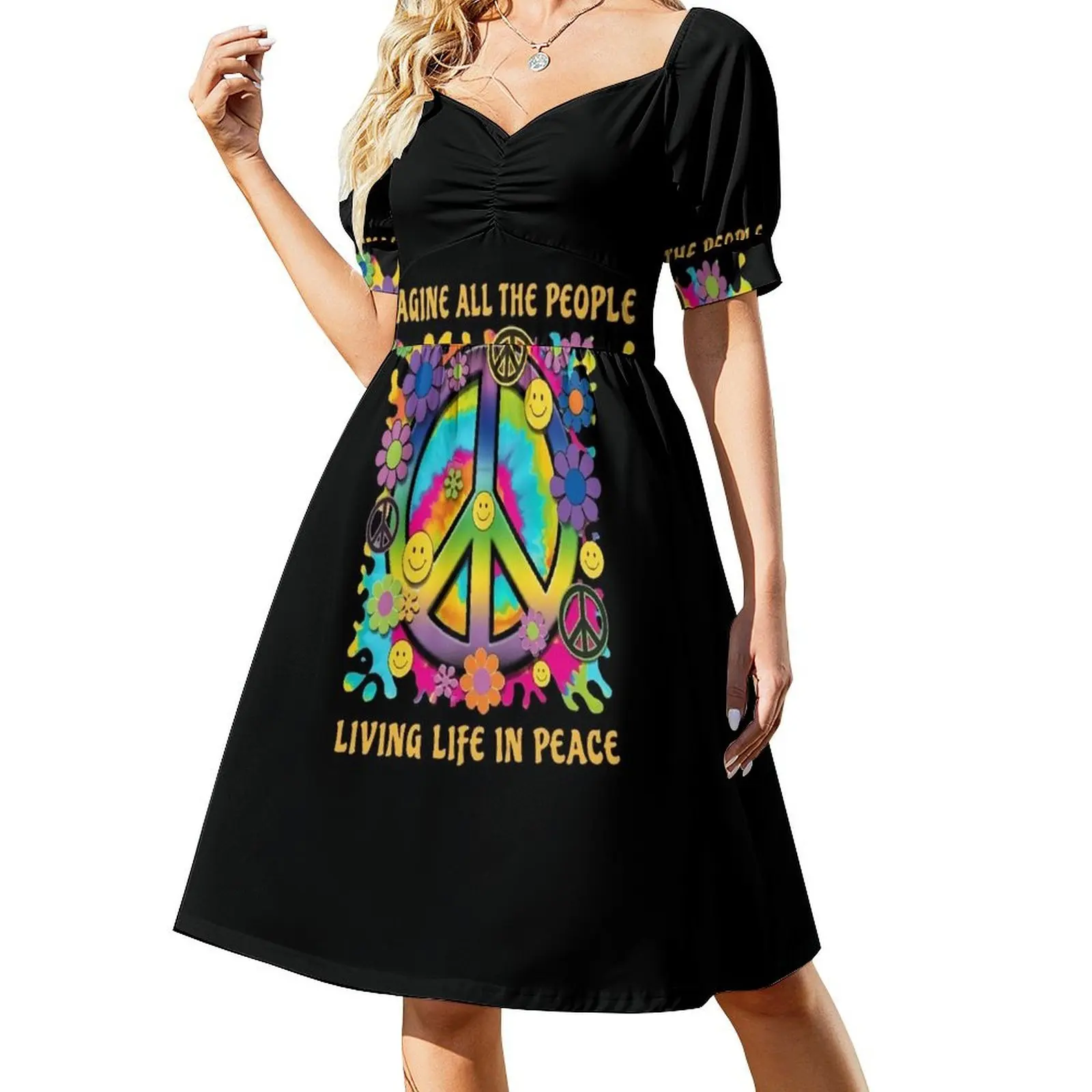 

Imagine All The People Living Life In Peace Hippie Tie Dye Short-Sleeved Dress Beachwear Summer dresses for women
