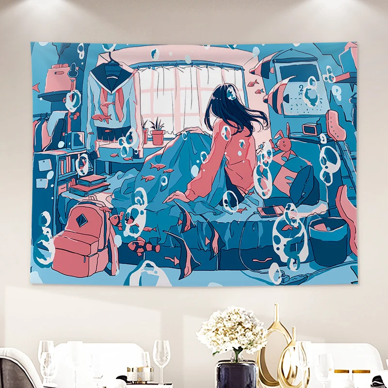 Japanese Hand-painted Illustration Printed Tapestry Cartoon Anime Whale City Landscape Aesthetics Wall Hanging Kawaii Room Decor