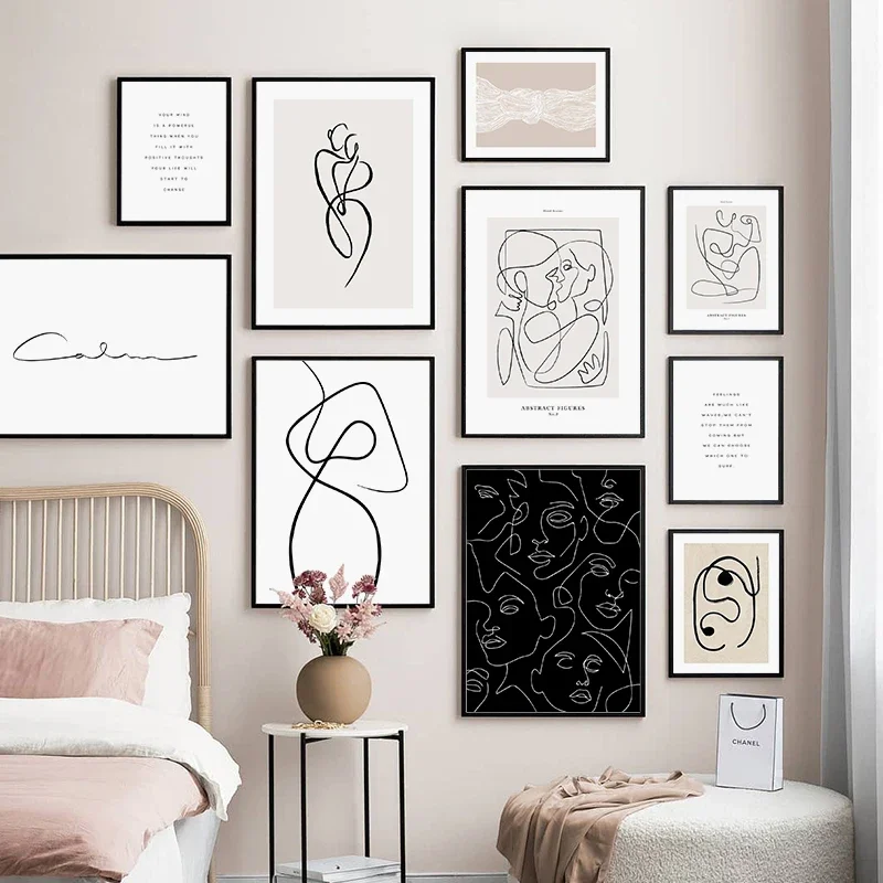 1 Pieza de Pintura en Lienzo sin Marco, Arte de Pared Minimalista Nórdico, Pósters e Impresiones, Línea Abstracta, Decoración del Hogar, Pintura de Rostro