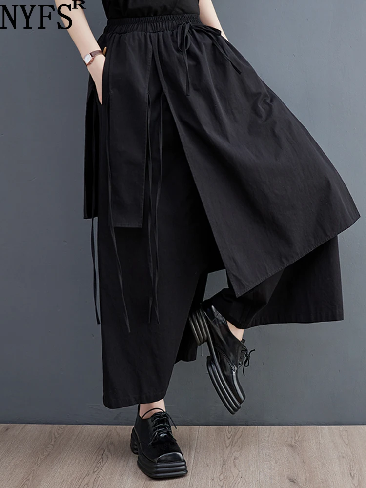 

NYFS 2023 Spring Summer New Women Pants Black Pure Cotton Elastic Waist Wide Leg Pants Loose Plus Size Trousers