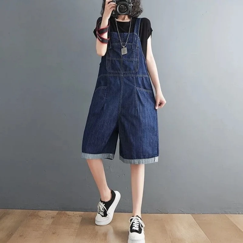 Celana pendek Denim musim panas, jumpsuit Romper kaki lebar kasual saku longgar wanita Korea, celana Suspender tanpa lengan