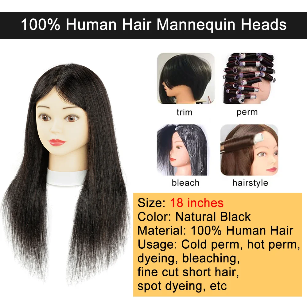 Cabezas de Maniquí de cabello humano 100% para peluquería, maniquí de 18 pulgadas, se puede teñir, blanquear, hacer una permanente, Etc.