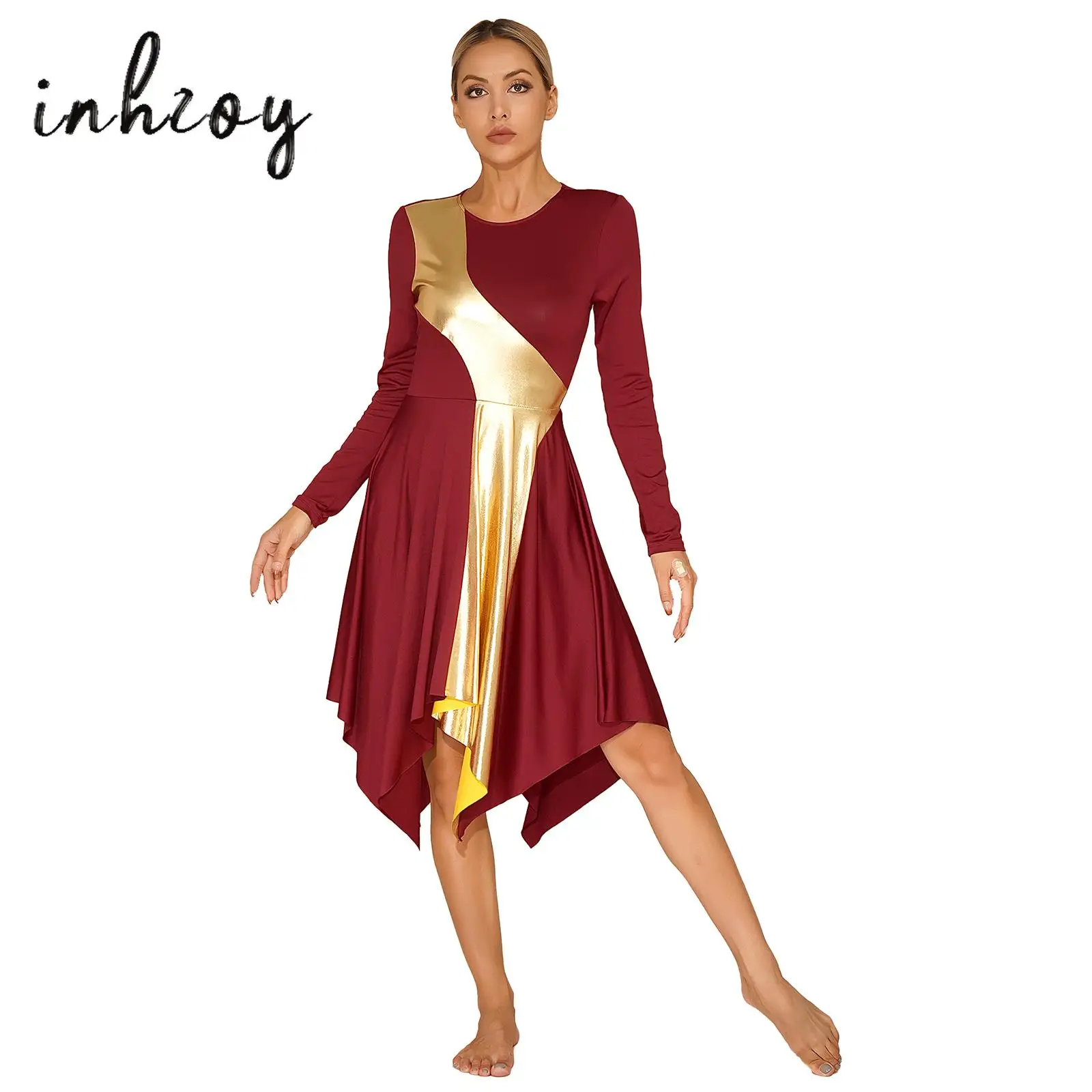 

Womens Church Worship Lyrical Dress Contrast Color Patchwork Asymmetrical Long Sleeve Dresses Praise Dance Performance Costume