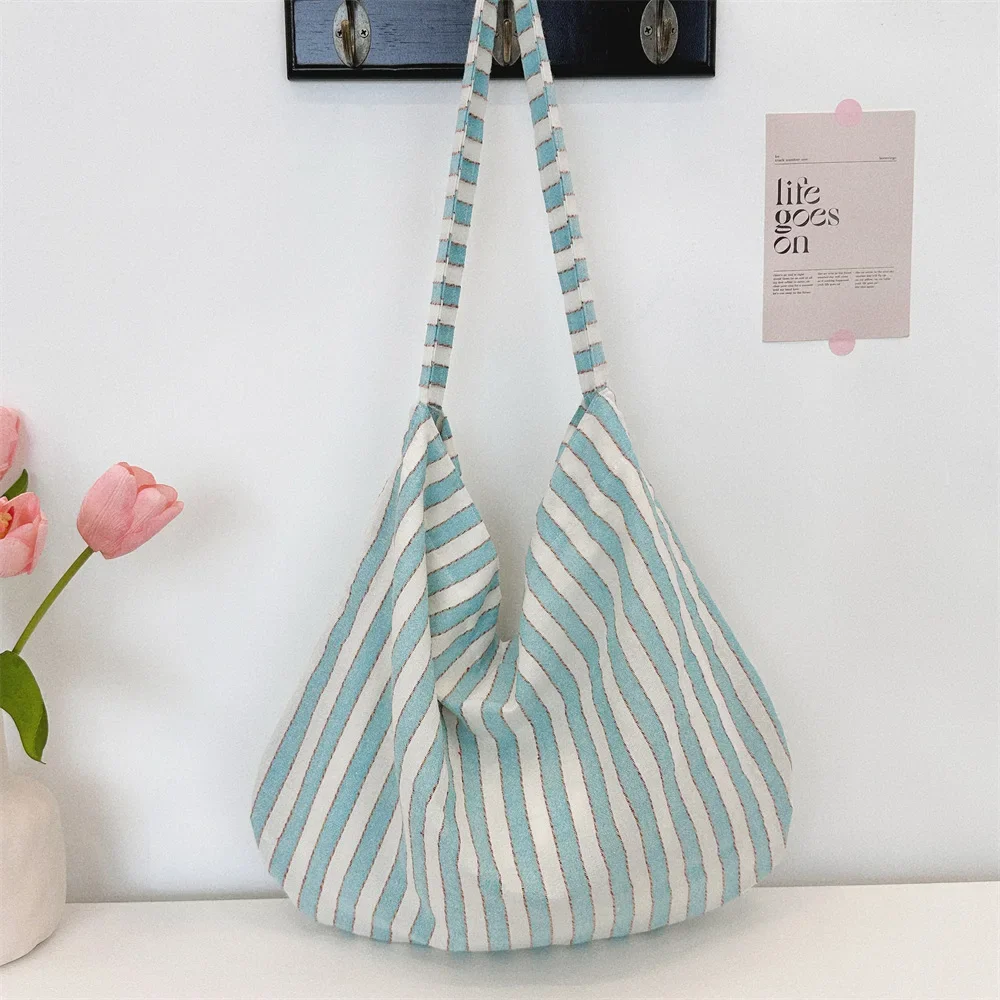 Simple Stripe Women\'s Canvas Shoulder Bag Large Capacity Female Commute Shopping Bags College Girls Book Tote Vest Handbags