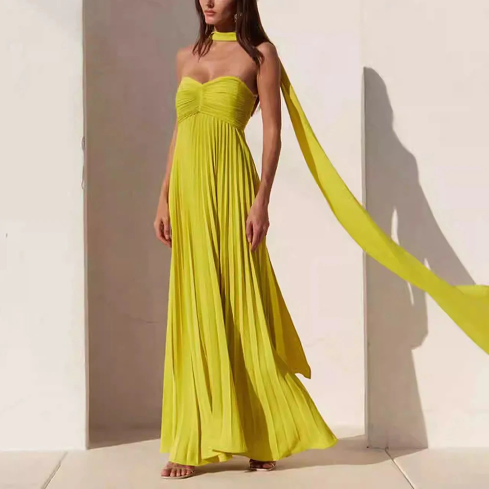 ONEINALL Solid Wedding Evening Long Dresses For Women Strapless Sleeveless Backless High Waist Elegant Folds Dress Female Summer