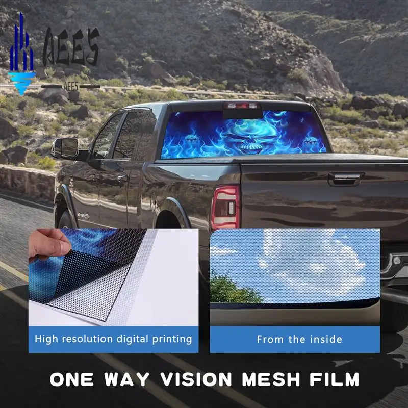 

AEE5-One Way Vision для грузовика, внедорожника, пикапа, синий пылающий череп, 3D наклейка на заднее лобовое стекло, декор, плакат на заднее окно