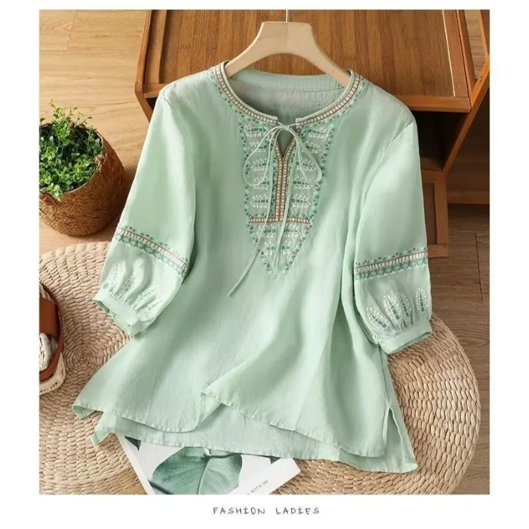 

Loose Women's Retro Embroidered Cotton Linen Shirt Spring Summer New Style Thin Model Comfortable Breathable Lantern Sleeve