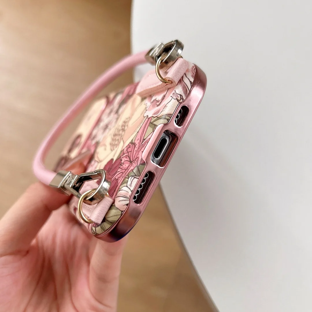 เคสโทรศัพท์ลายภาพวาดสีน้ำมันดอกไม้ สำหรับ iPhone 16 15 14 Pro Max ป้องกันเลนส์กล้อง เคสซิลิโคนนิ่มกันกระแทก พร้อมสายคล้อง ﻿