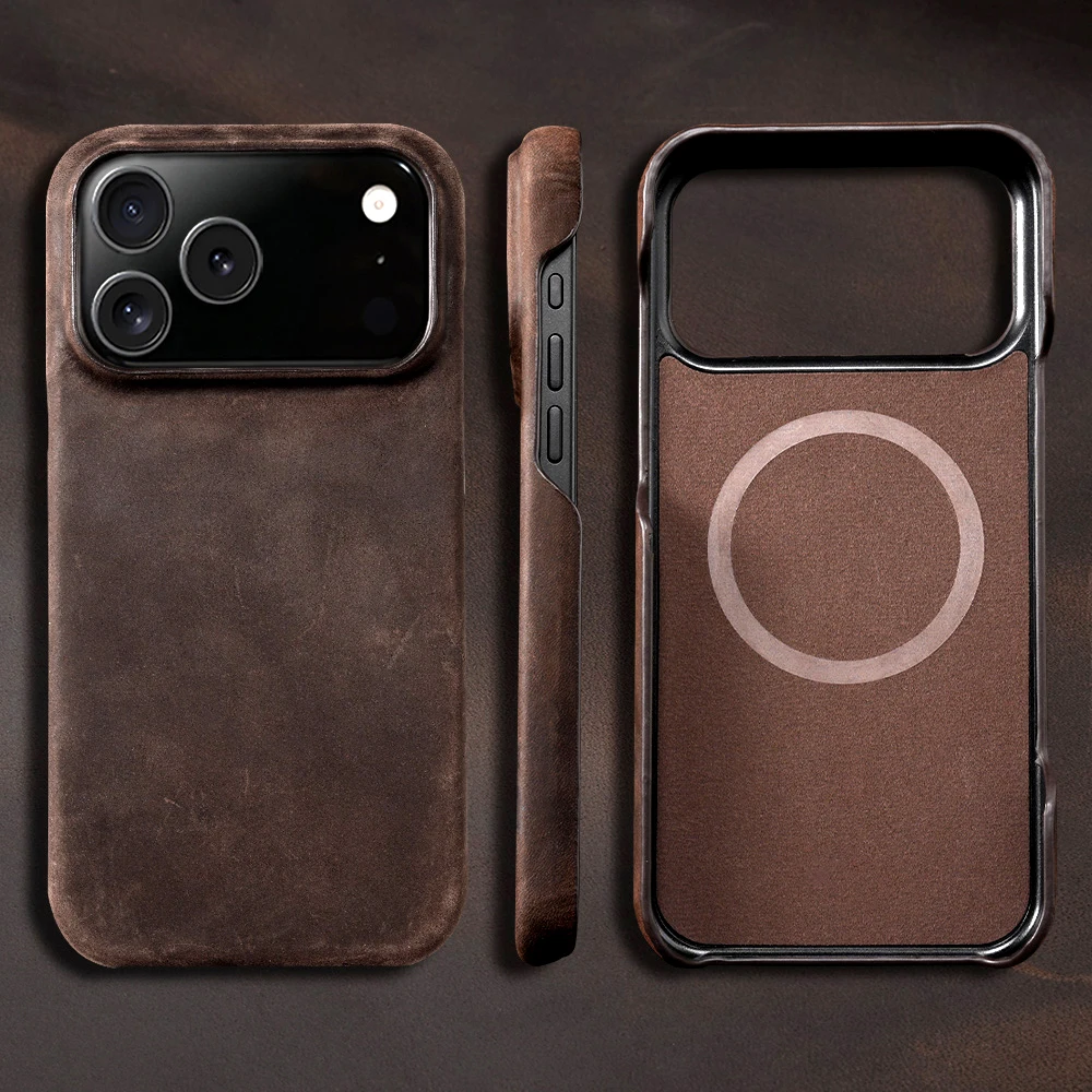 

for Magsafe Case for iPhone 15 16 17 Pro Max 17Pro 17 Air 16Pro Retro Luxury Genuine PULL-UP Leather Magnetic Phone Back Cover