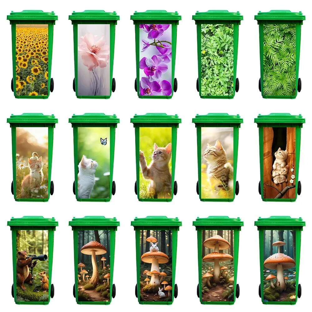 

Cute Kitten Fairytale Mushrooms Trash Can Sticker Removable Waterproof Plants Flowers Mural Decal for Outdoor Garbage Bin Decor