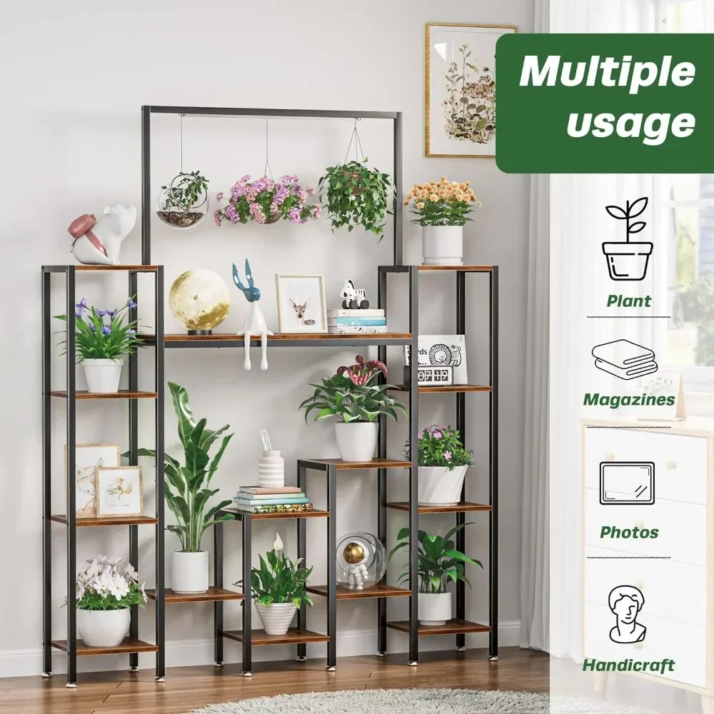 Tiered Plant Stand Indoor with Grow Lights, Tall Metal Plant Stands for Plants Multiple, Large Wooden Plant Shelves Flower Pots