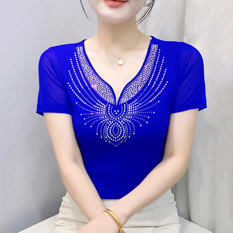 M-3XL Summer New Short Sleeved Mesh T-Shirt Fashion Hollow Hot Diamond Women's Tops Solid Color High Stretch Clothes