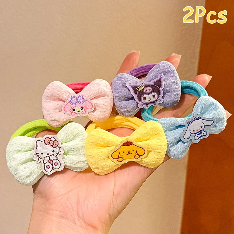 Corde à cheveux dessin animé Kawaii pour enfants, Sanurgente, Hello Kitty, nœud Kuromi, anneau de cheveux, bandes de caoutchouc, queue de cheval, accessoires pour cheveux, 2 pièces