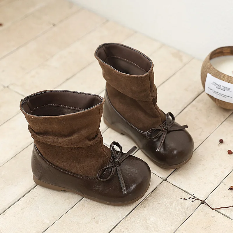 Bow Patchwork Girls Fashion Boots PU Suede Pleated Children Ankle Shoes Princess Soft Bottom Slip On Kids Boots