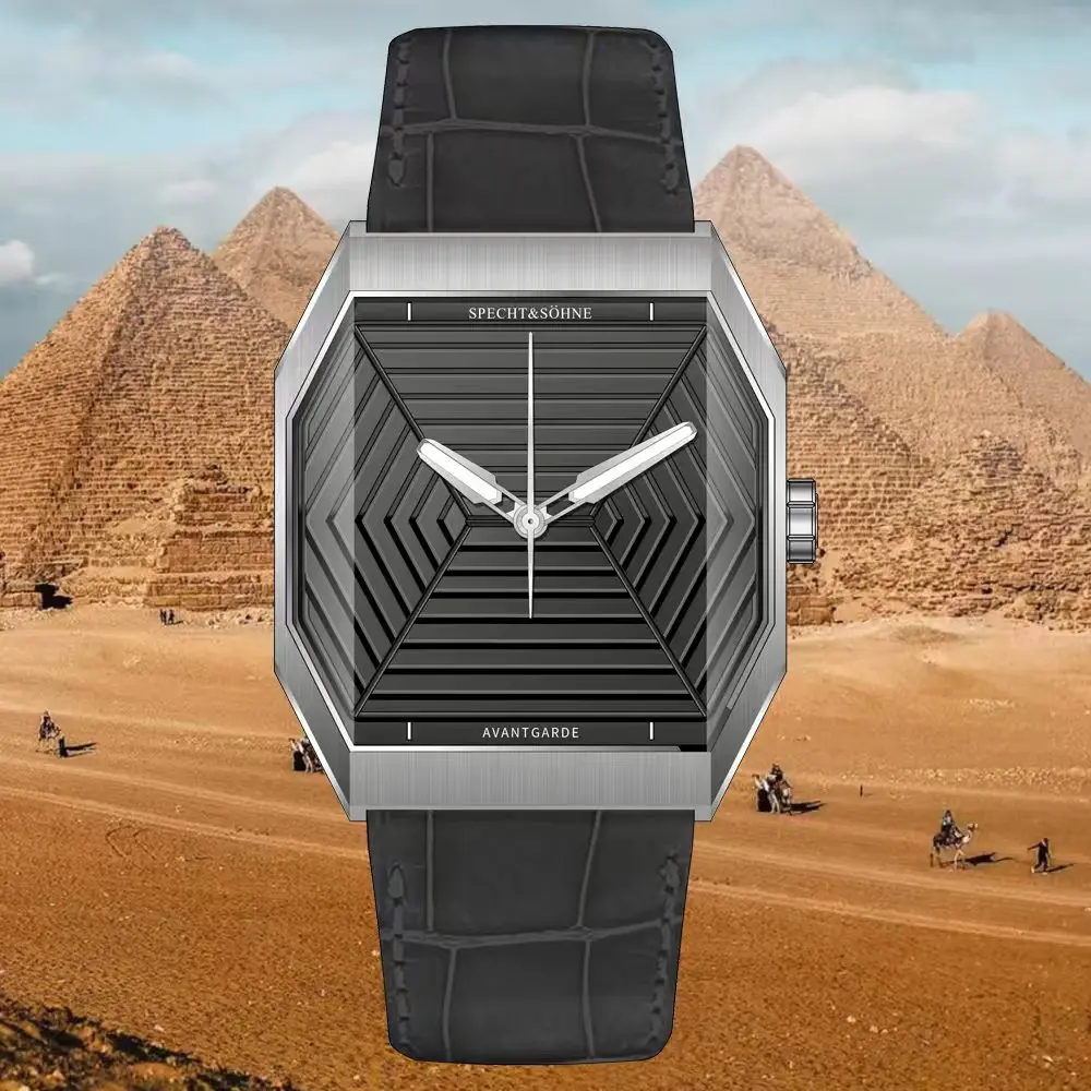 

Specht&Söhne New Fashionable Unique Design Men Watch Japan VH31 Movt Egyptian Pyramid Dial Octagonal Stainless Steel Sport Watch