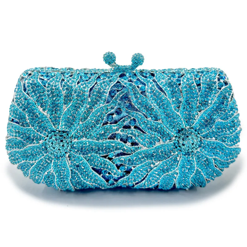 

XIYUAN Elegant Hollow Out Flower Women Evening Bag Blue Stone Clutch Luxury Designer Handbags Shiny Crystal Wedding Bridal Purse